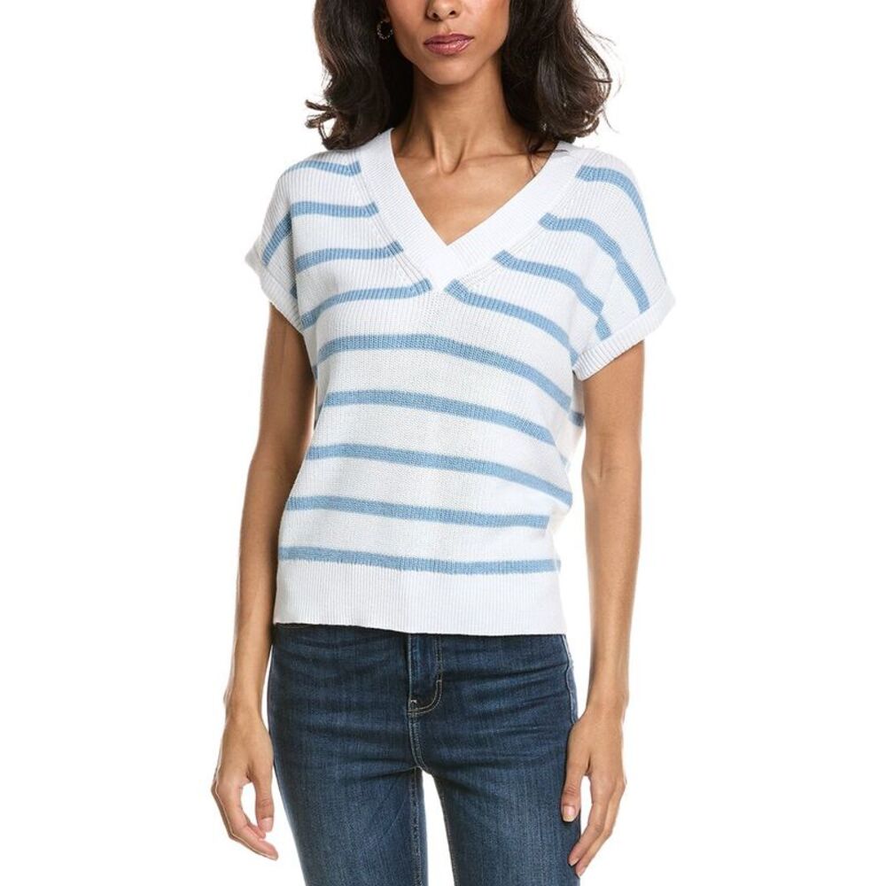 Forte Womens  Stripe Cap Sleeve V-Neck Sweater, White